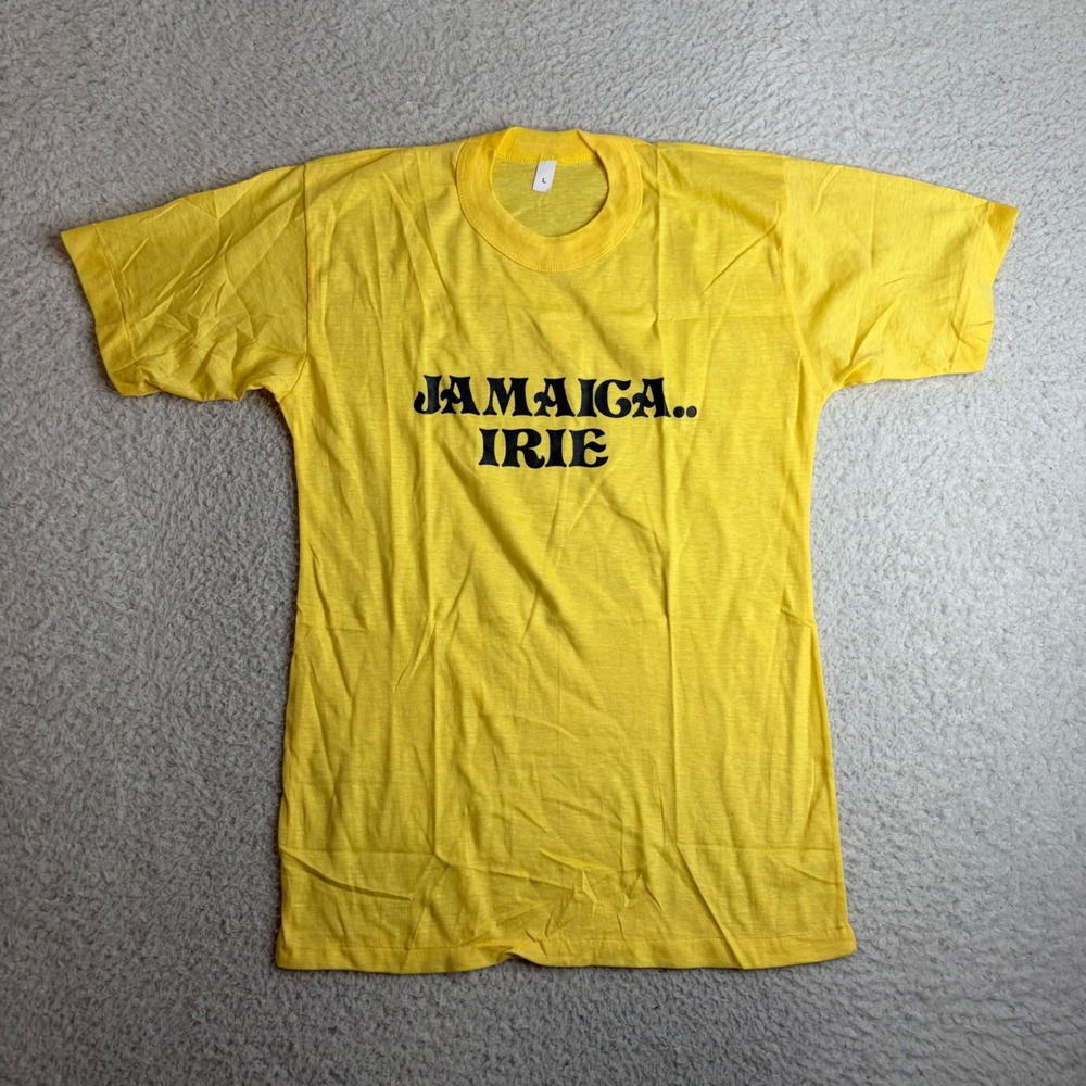 Vintage 70s Jamaica Irie Graphic T-Shirt Yellow Single Stitch Mens L Paper Thin